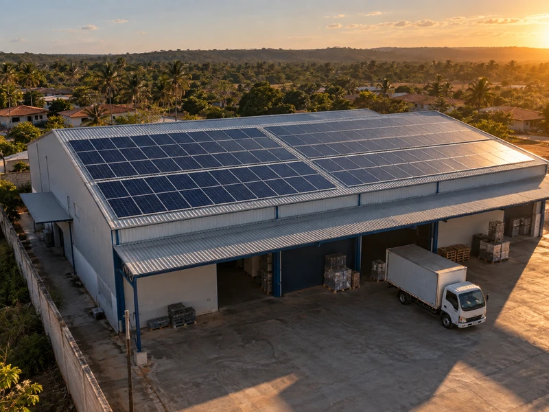 Galpão comercial com telhado metálico coberto de módulos fotovoltaicos, visto de cima ao fim da tarde.