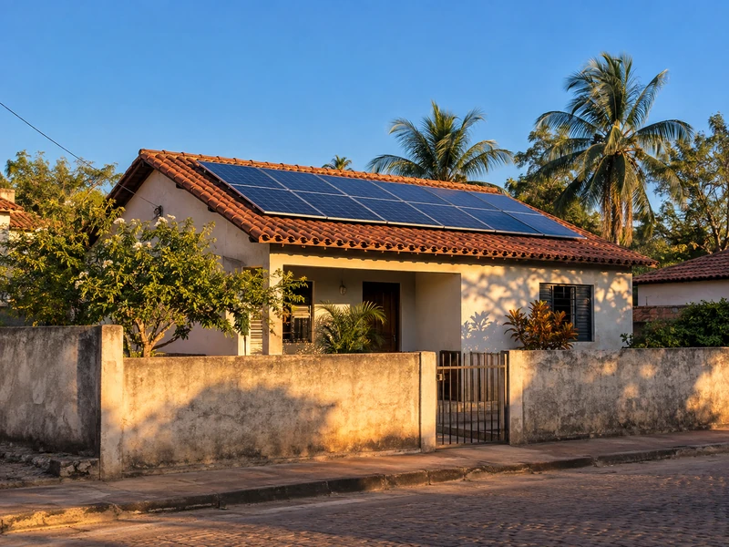 Casa térrea do interior nordestino com telha cerâmica e módulos fotovoltaicos instalados em uma água do telhado.