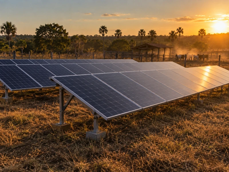 Fileiras de módulos fotovoltaicos sobre estrutura de solo em propriedade rural, com curral ao fundo.