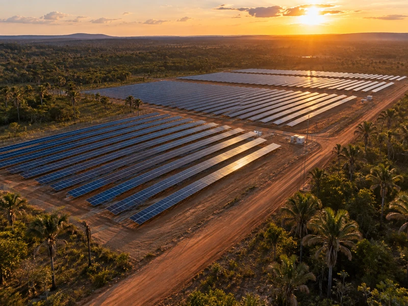 Vista aérea de uma usina solar com dezenas de fileiras de módulos em terreno de cerrado.